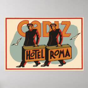 Vintage Travel Bellhops Hotel Roma, Cadiz, Spain Print