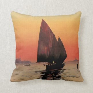 Vintage Travel, Boats at Excelsior Palace Venice Throw Pillow