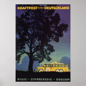 Vintage Travel, Germany, Yellow Bus at Night Posters