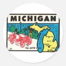 Vintage Travel Michigan MI Auto State Label Round Stickers