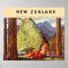 Vintage Travel, New Zealand Landscape Native Woman Print