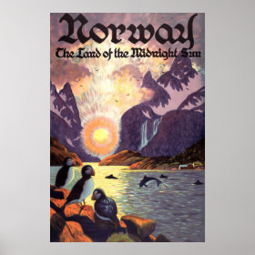 Vintage Travel, Norway Fjord Land of Midnight Sun Poster
