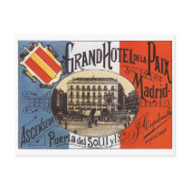 Vintage Travel Poster, Hotel Paix, Madrid, Spain Post Card