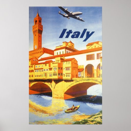 Vintage Travel Poster, Volterra Italy Bridge River