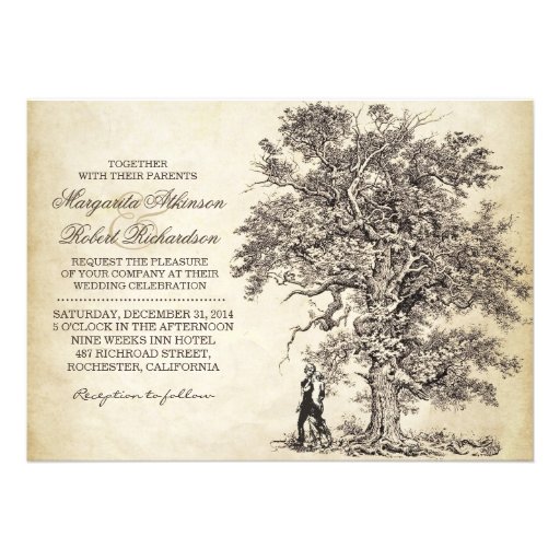 vintage tree and couple unique wedding invitations