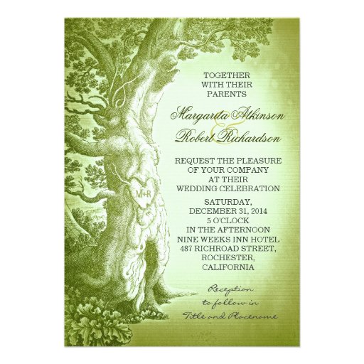 vintage tree green rustic wedding invitations