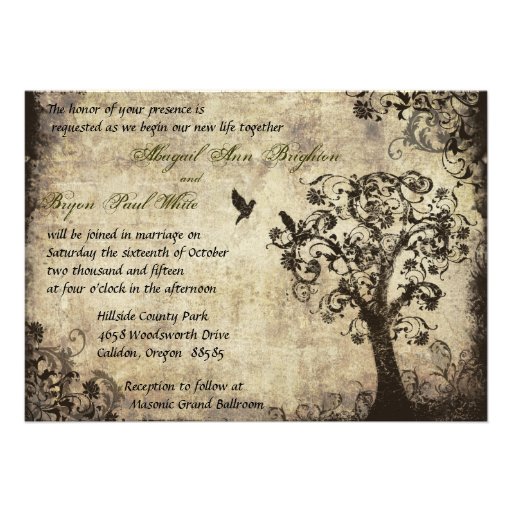 Vintage Tree Wedding Invitation with Green Text