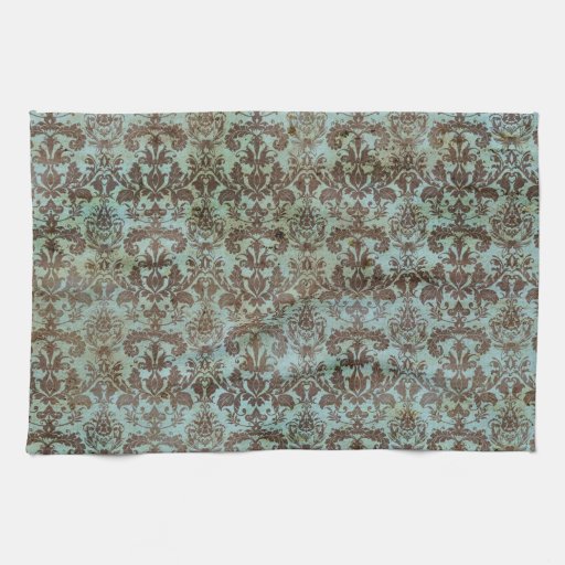 Vintage Turquoise Blue Brown Damask Pattern Hand Towels