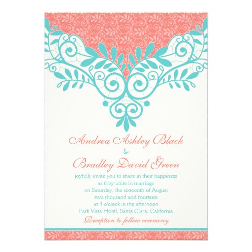 Vintage Turquoise Coral Lace Wedding Invitation (front side)