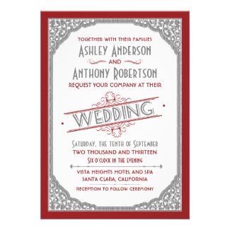 Vintage Typography Cranberry Red Grey Gray Wedding Personalized Invite