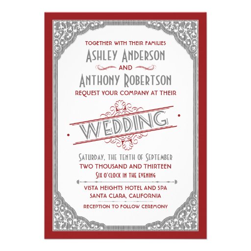 Vintage Typography Cranberry Red Grey Gray Wedding Personalized Invite