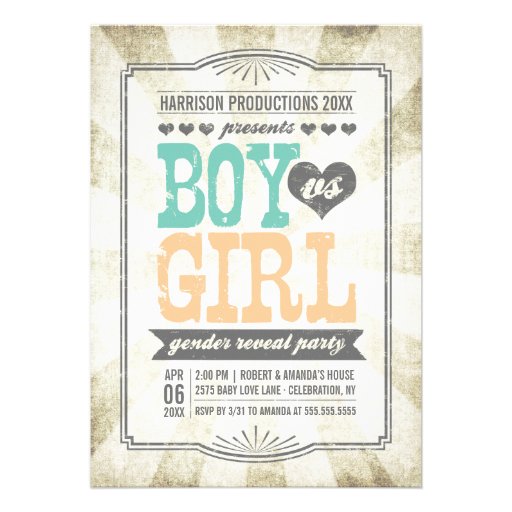Vintage Typography Gender Reveal Party Invitation (front side)
