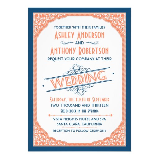 Vintage Typography Navy Blue Coral White Wedding Invitation