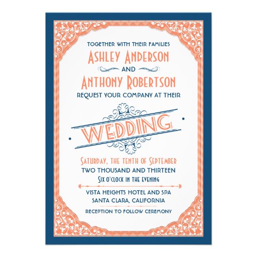 Vintage Typography Navy Blue Coral White Wedding Invitation
