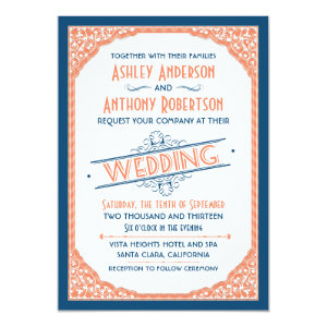 Vintage Typography Navy Blue Coral White Wedding Invitation