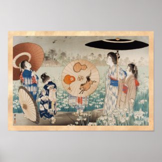 Vintage ukiyo-e japanese ladies with umbrella art print