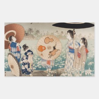 Vintage ukiyo-e japanese ladies with umbrella art rectangle stickers
