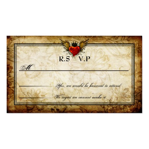 Vintage Urban Tattoo Winged Heart RSVP Cards Business Card Template (front side)