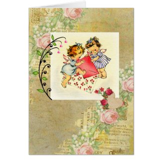 Vintage Valentine Angels and Hearts Collage Greeting Card