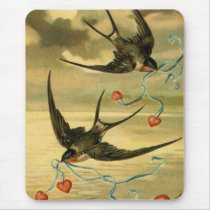 Vintage Valentine Barn Swallows With Hearts Mousepads