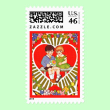 Vintage Valentine Postage Stamp - This postage stamp has an endearing vintage design on it and will carry your wishes for a happy Valentine's Day to your favorite valentine. Affix the stamp to a card or use it to send your gift of chocolates!