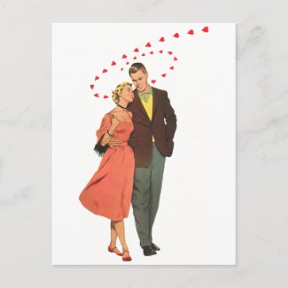 Vintage Valentine Walking with Floating Hearts postcard