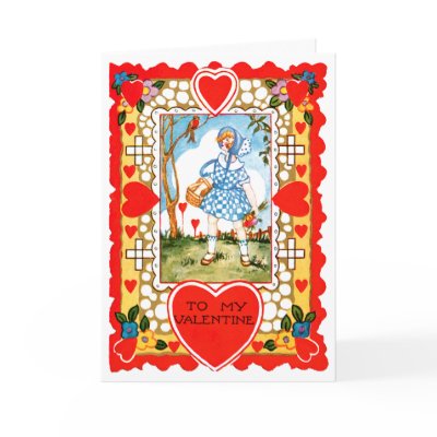 Vintage Valentine With Girl in Blue Card Zazzle_card