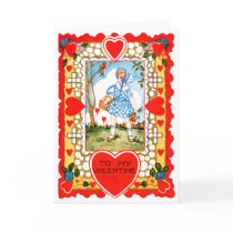 Vintage Valentine With Girl in Blue Card