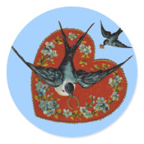 Vintage Valentines Day Heart & Sparrows Round Stickers