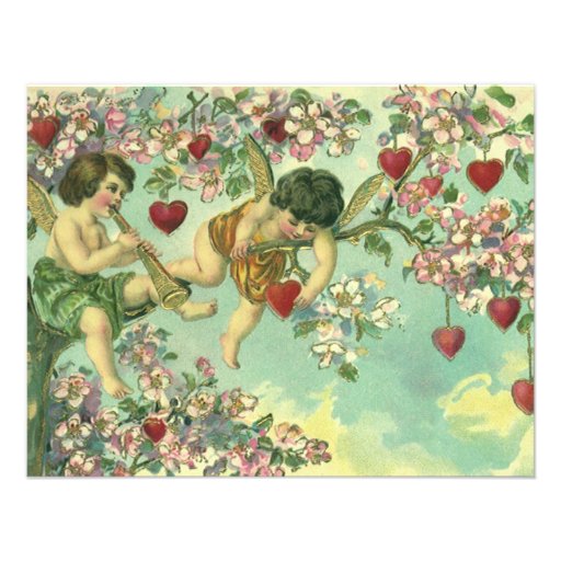 Vintage Valentines Day Victorian Cupids Heart Tree Personalized Announcements (front side)
