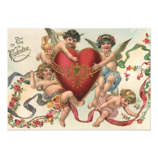 Vintage Valentines, Victorian Cupids Angels Heart Custom Announcement (front side)