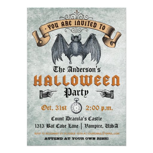 Vintage Vampire Bat Halloween Invitation (front side)