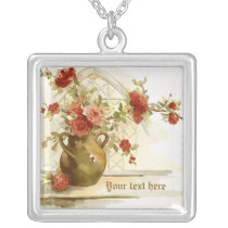 Vintage vase with red roses watercolor necklace necklaces