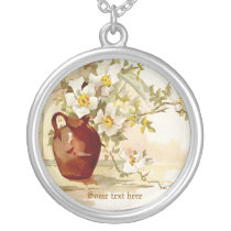 Vintage vase with white roses watercolor necklace necklaces