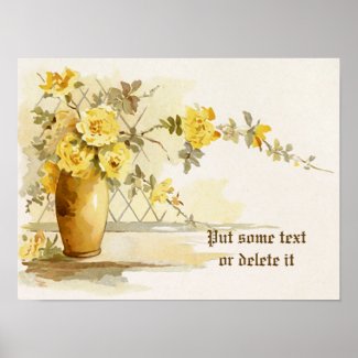 Vintage vase with yellow roses watercolor print print