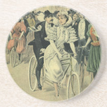 Vintage Victorian Bride and Groom on a Bike Drink Coasters