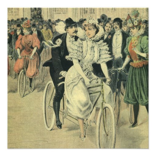 Vintage Victorian Bride Groom Ride Tandem Bicycle Personalized Invites