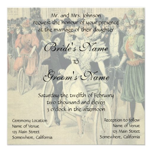 Vintage Victorian Bride Groom Ride Tandem Bicycle Custom Invites