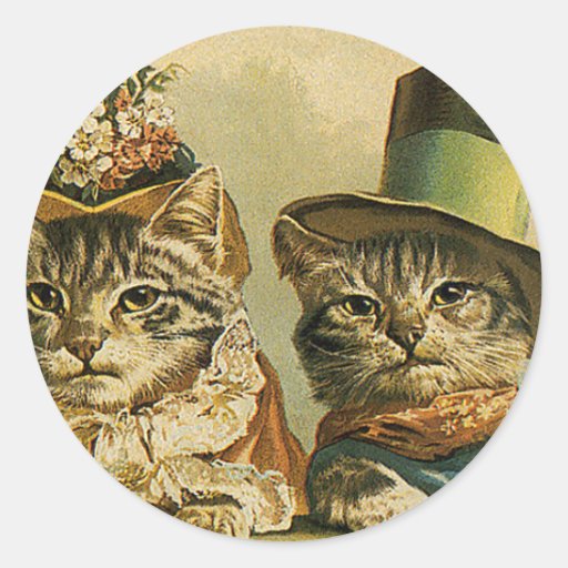 Vintage Victorian Cats in Hats, Funny Silly Humor Classic Round Sticker