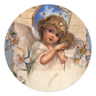 Vintage Victorian Christmas Angel with Bells Ivy Round Stickers