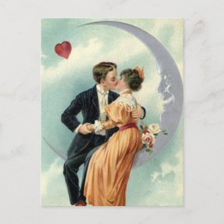 Vintage Victorian Couple Kiss on a Crescent Moon postcard