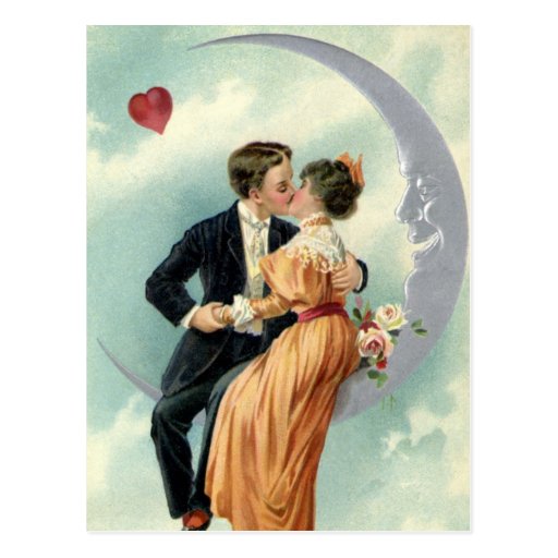 Vintage Victorian Couple Kiss on a Crescent Moon Post Cards