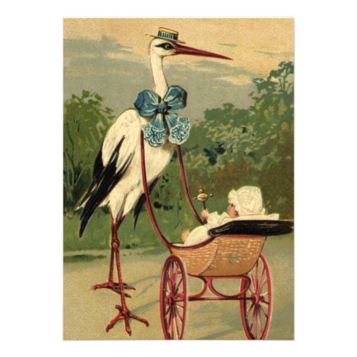 Vintage Victorian Stork and Baby Carriage Personalized Invite