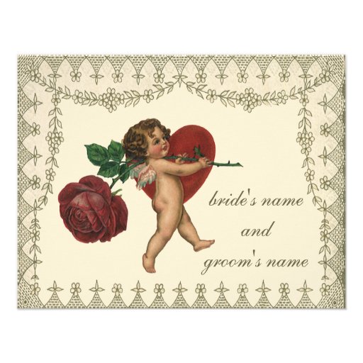 Vintage Victorian Valentine Cupid Red Rose Heart Personalized Invitation (front side)