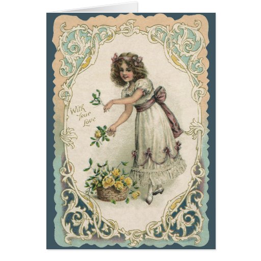 Vintage Victorian Valentine's Day, Girl with Roses Card ...