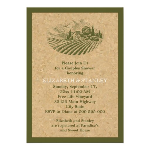 Vintage vineyard and cork wedding couples shower custom invitations