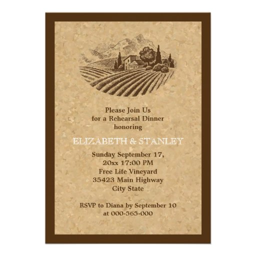 Vintage vineyard and cork wedding rehearsal dinner personalized announcements