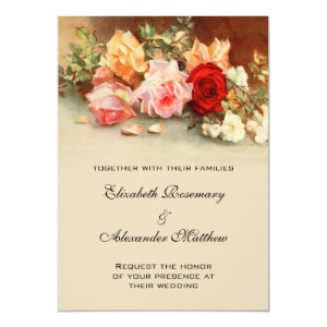 Vintage Wedding, Antique Rose Flowers Floral Art 5x7 Paper Invitation Card