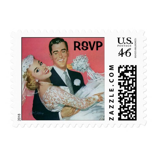 Vintage Wedding, Groom Bride, Newlyweds, RSVP Postage
