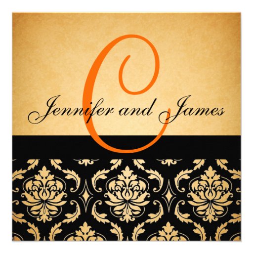 Vintage Wedding Invitation Orange Monogram Damask (front side)
